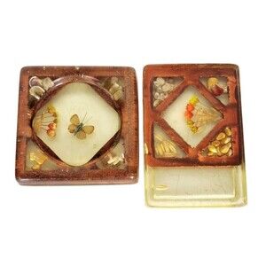 Vintage Boho Butterfly Pressed Flowers Grains Kitschy Trivet Spoon Rest Coasters